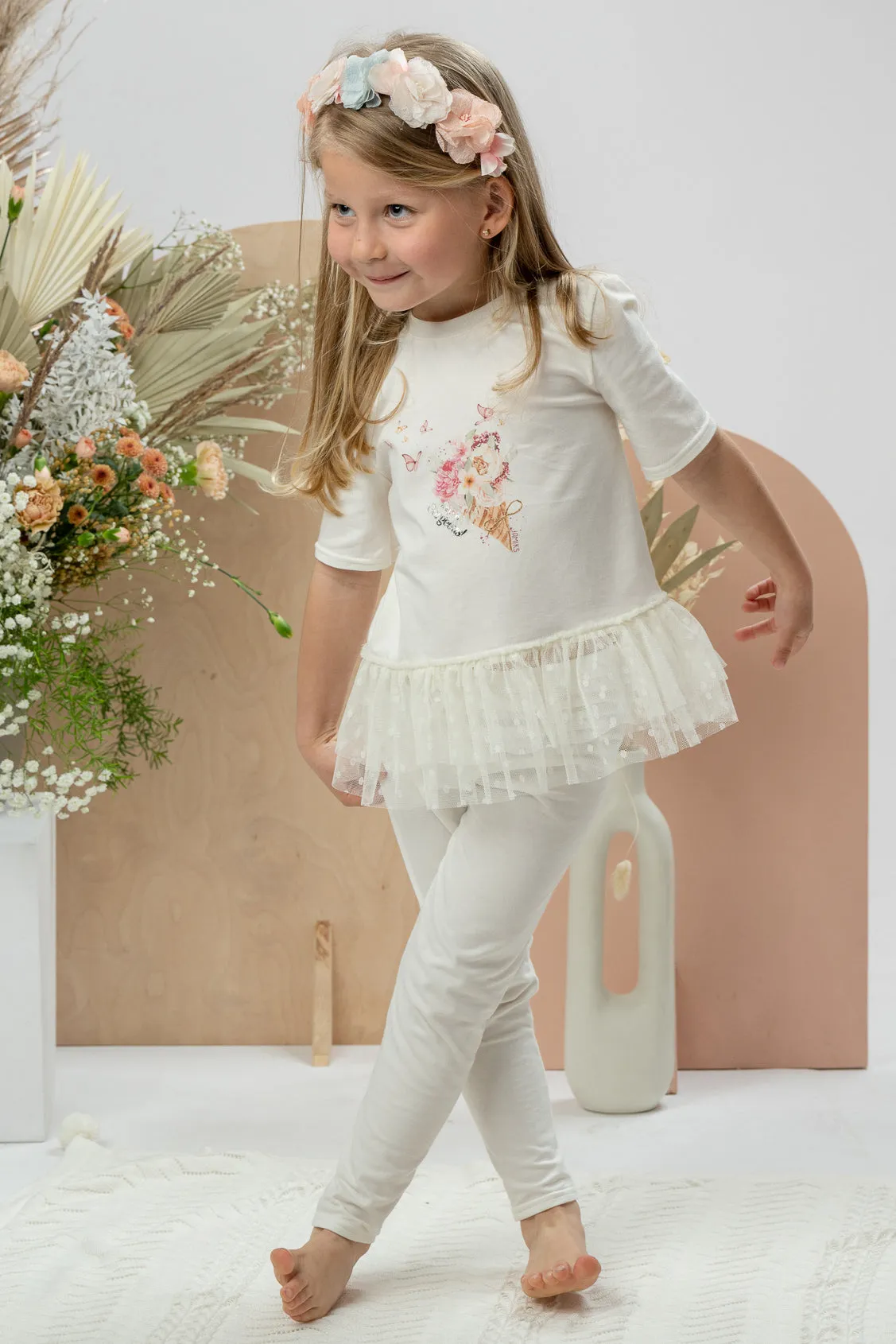 "Malin" Ivory Floral Tulle Blouse & Leggings