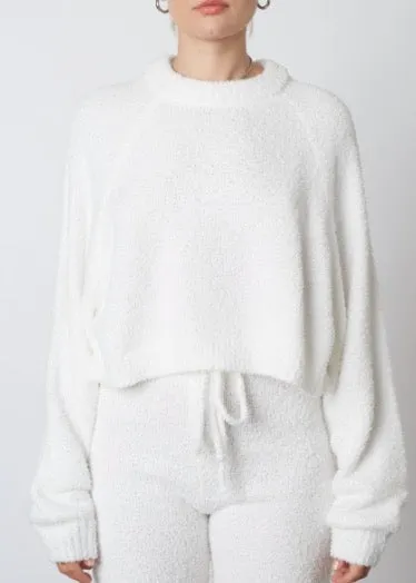 Raglan Crew Neck Fuzzy Cropped Sweater