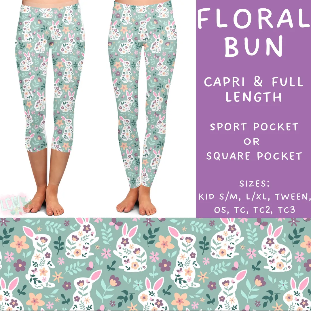 Ready To Ship - Floral Bun Full Length Leggings - Sports Pocket OS