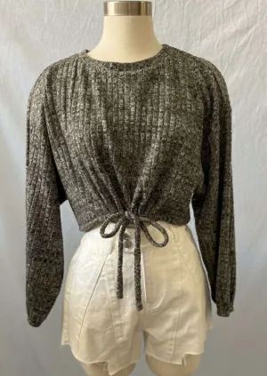 Ribbed Crew Neck Tie Waist Long Sleeve Crop Top