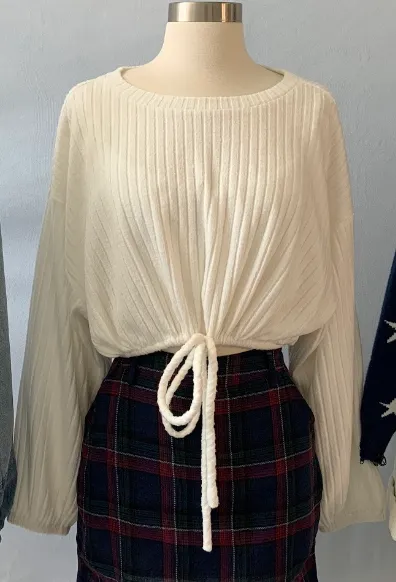 Ribbed Crew Neck Tie Waist Long Sleeve Crop Top