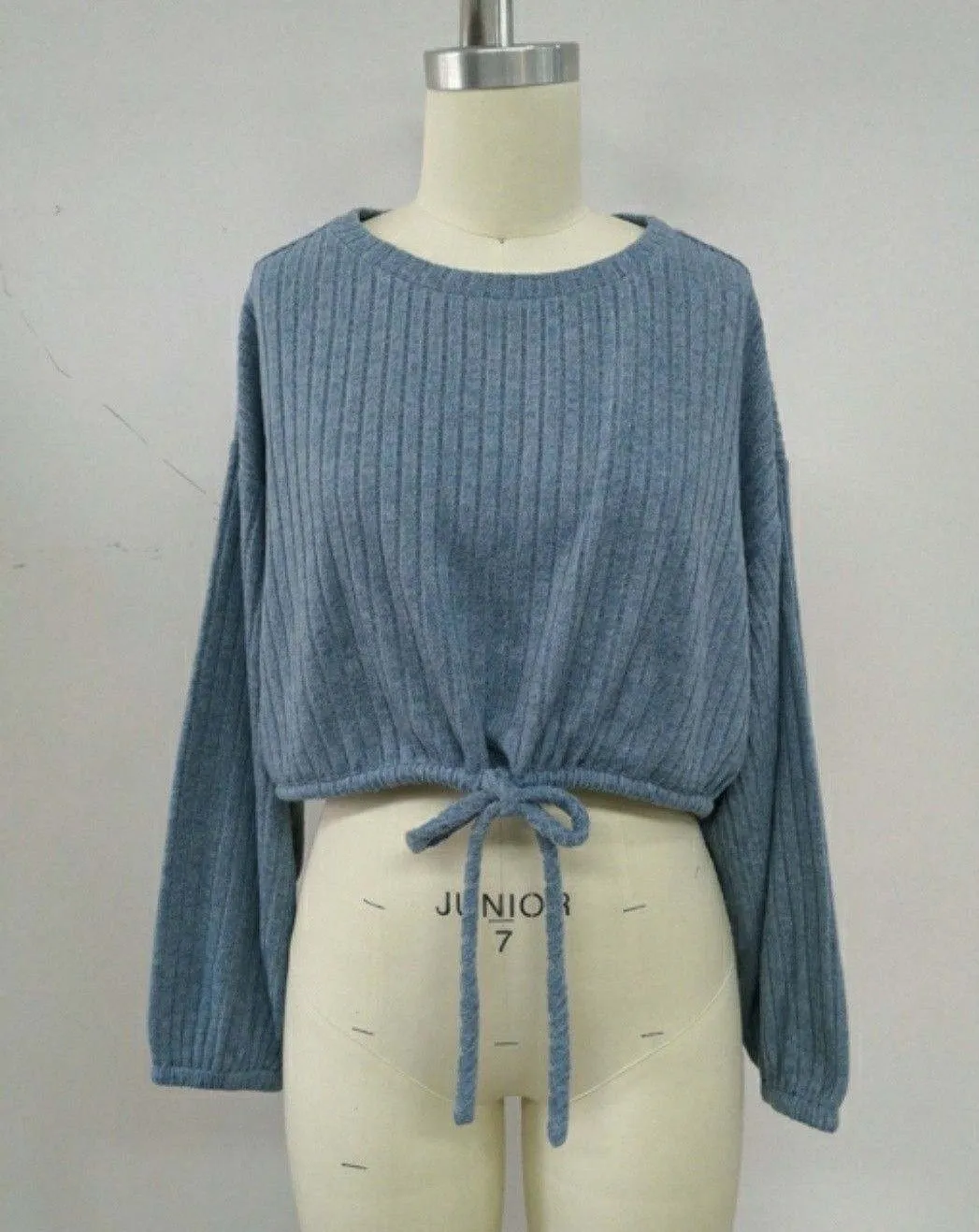 Ribbed Crew Neck Tie Waist Long Sleeve Crop Top