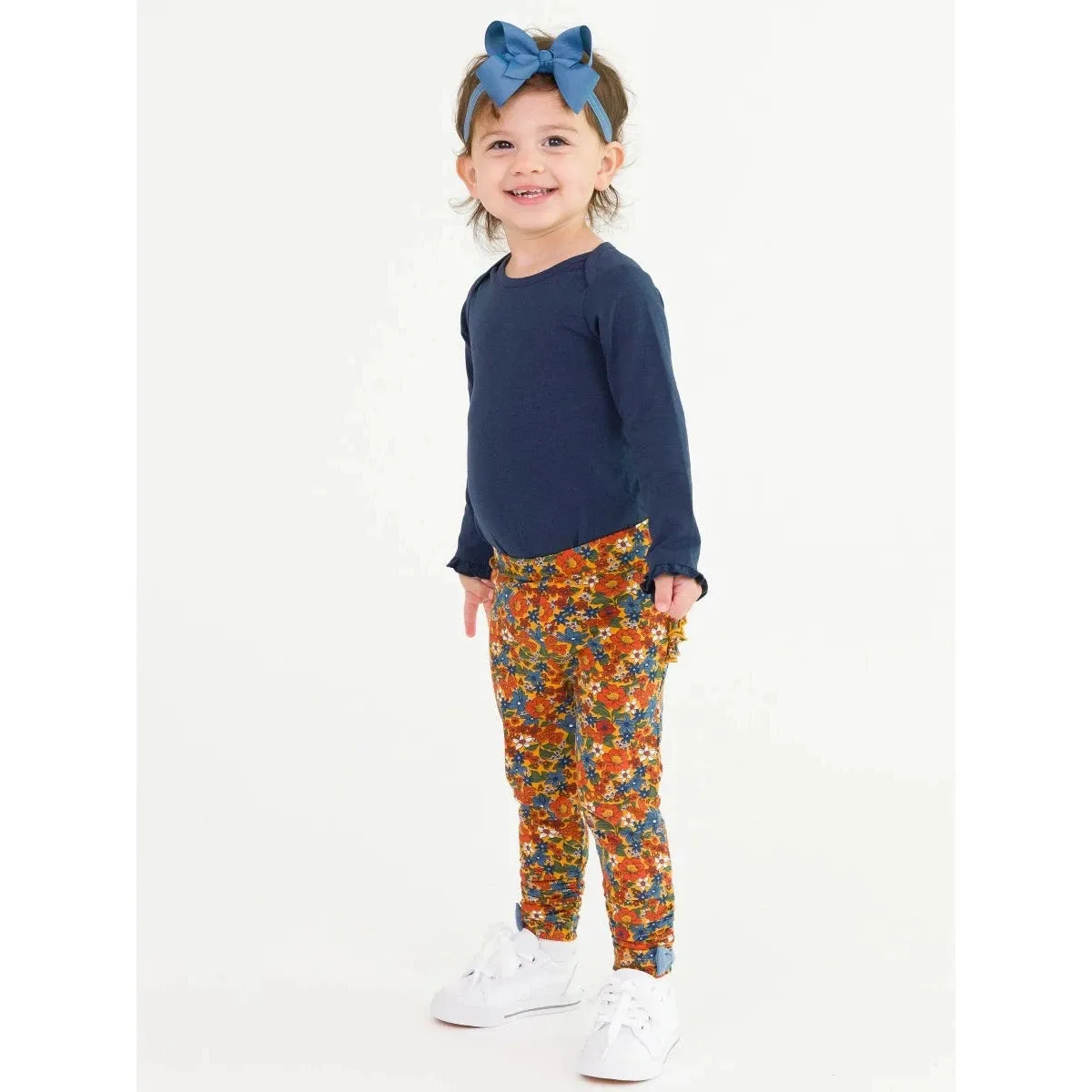 RuffleButts Golden Harvest Ruched Bow Leggings