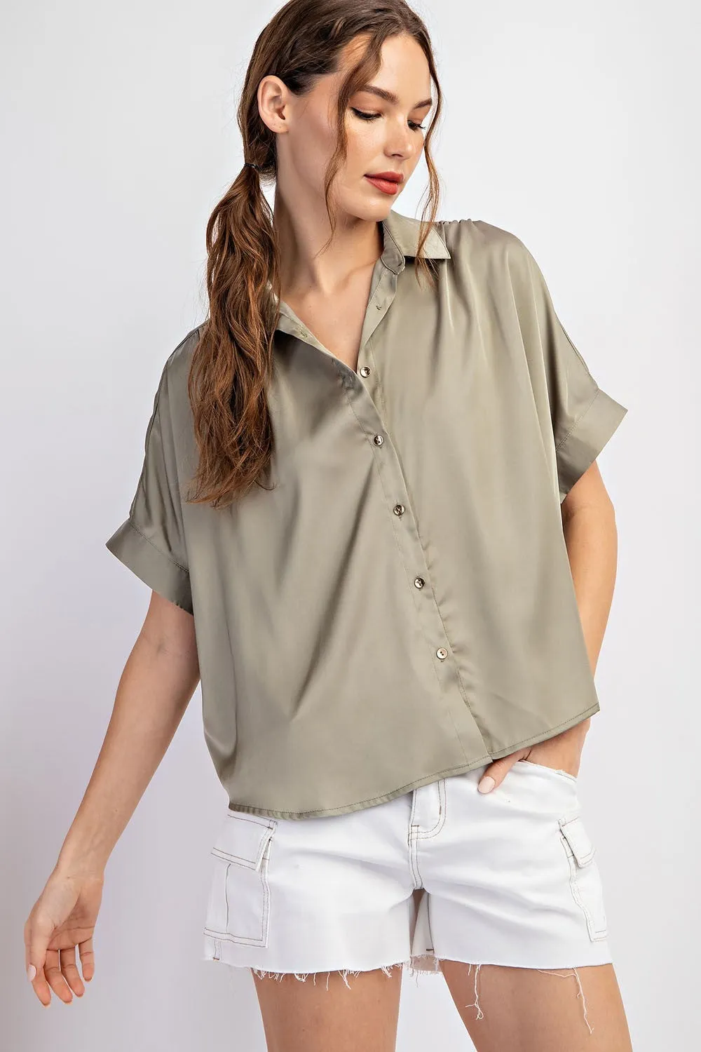 Sage Satin Short Sleeve Button Up
