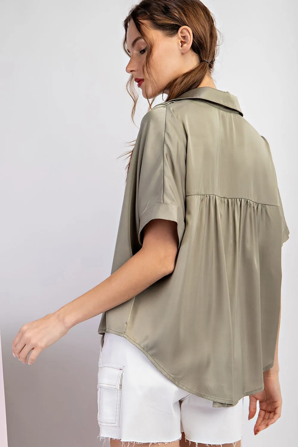 Sage Satin Short Sleeve Button Up