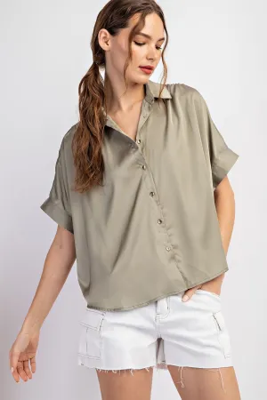 Sage Satin Short Sleeve Button Up