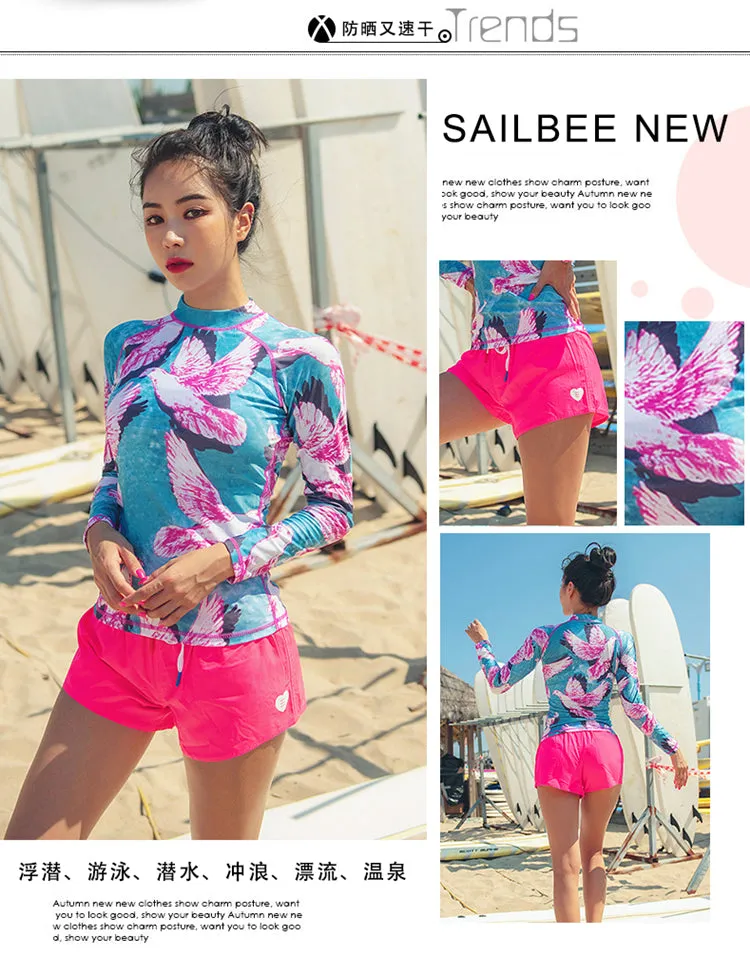 SAILBEE Women rashguard Sunshade UV Protection Swimwear Long Sleeve Two Piece Swimsuit Beach Surfing Diving Bathing Suit Shirt