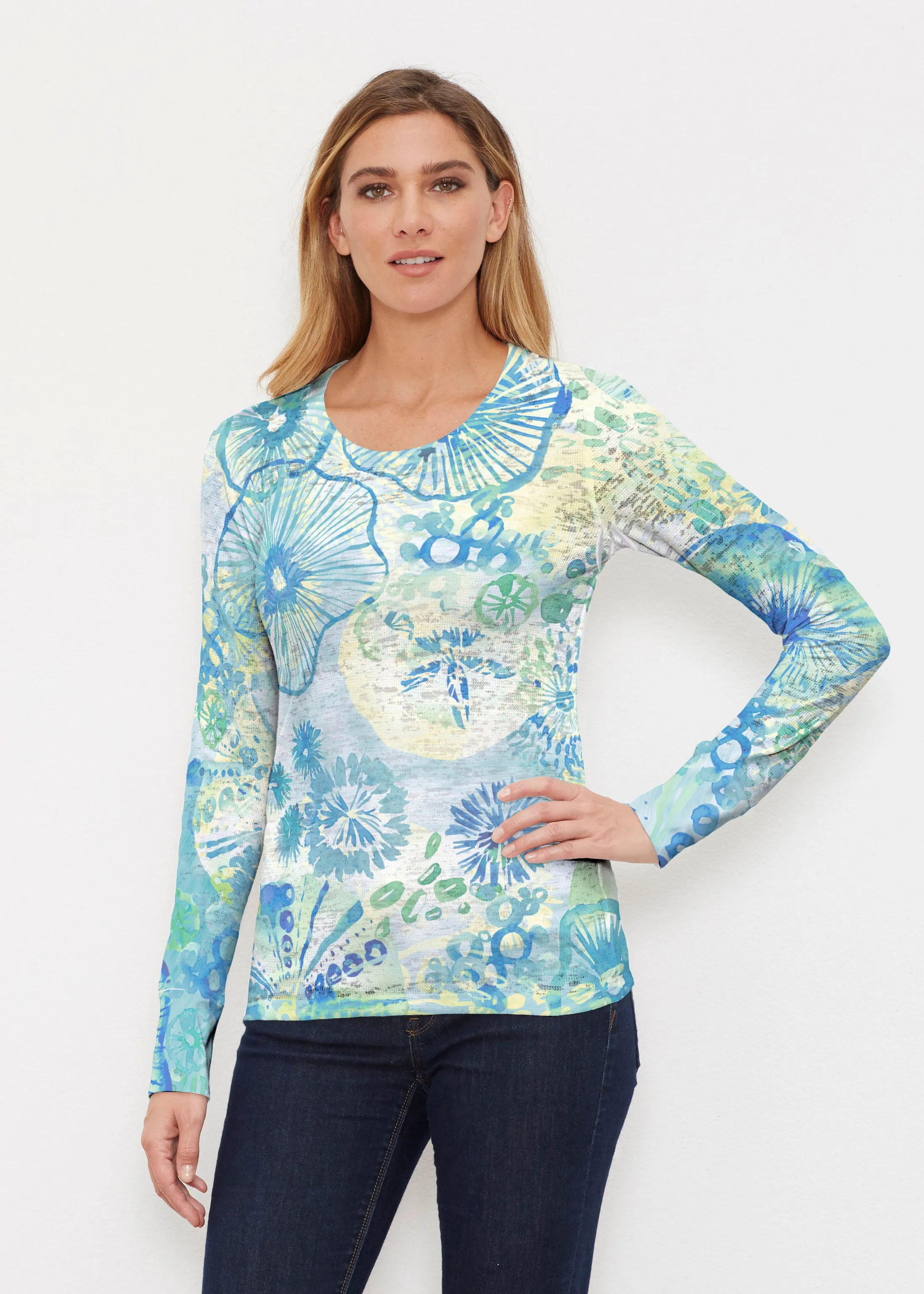 Sand Dollar Aqua (16256) ~ Thermal Long Sleeve Crew Shirt