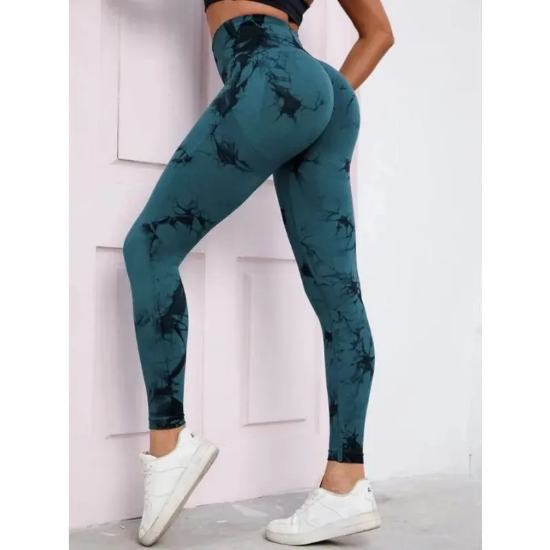 Seamless High-Waist Tie-Dye Leggings for Women – Fitness Sports Running Yoga Pants with Hip Lifting Elastic Knitting