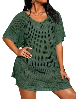 SECRETEYARD Womens Plus Size Suimsuit Cover Up Short Sleeve Hollow Out Swimwear Bathing suit