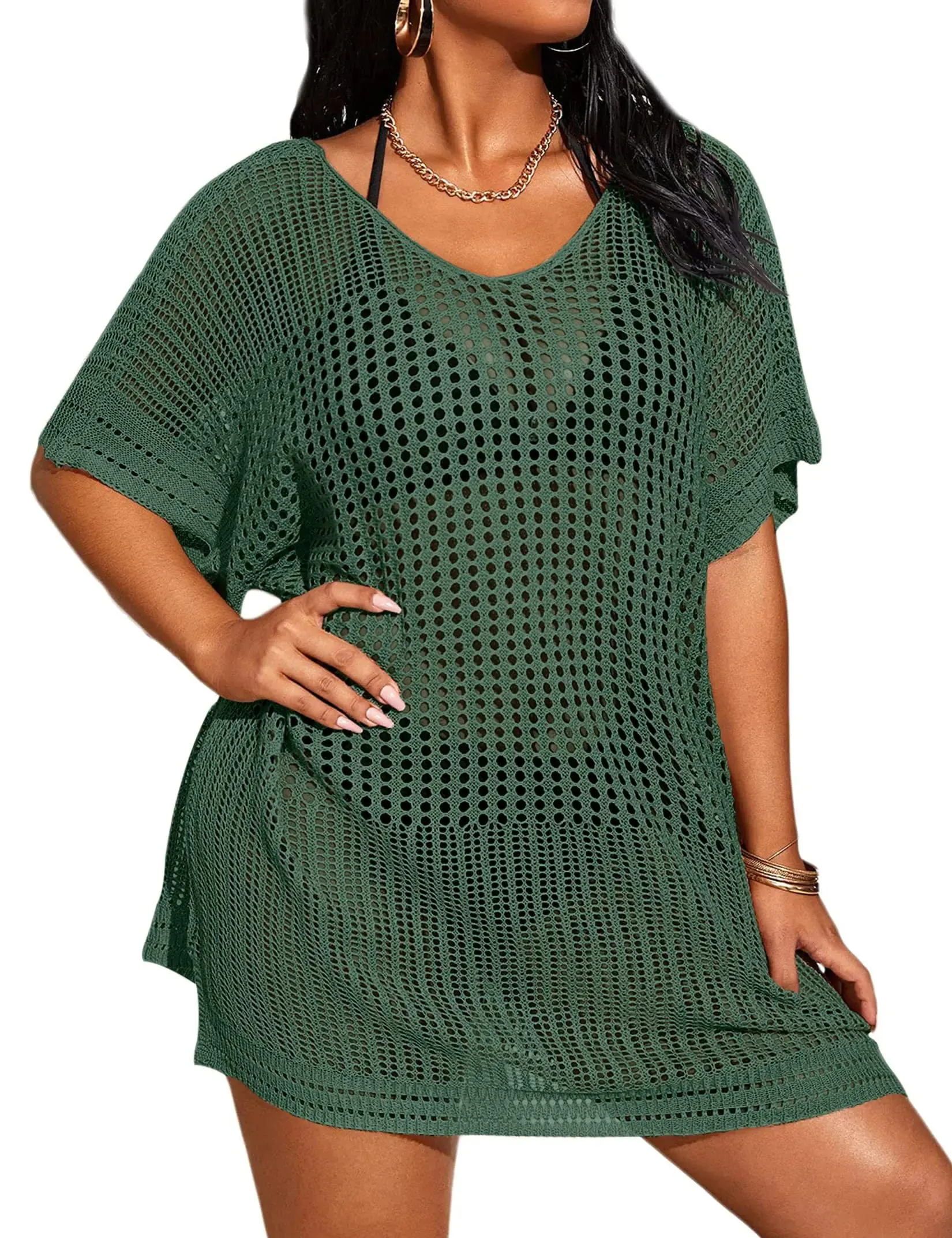 SECRETEYARD Womens Plus Size Suimsuit Cover Up Short Sleeve Hollow Out Swimwear Bathing suit