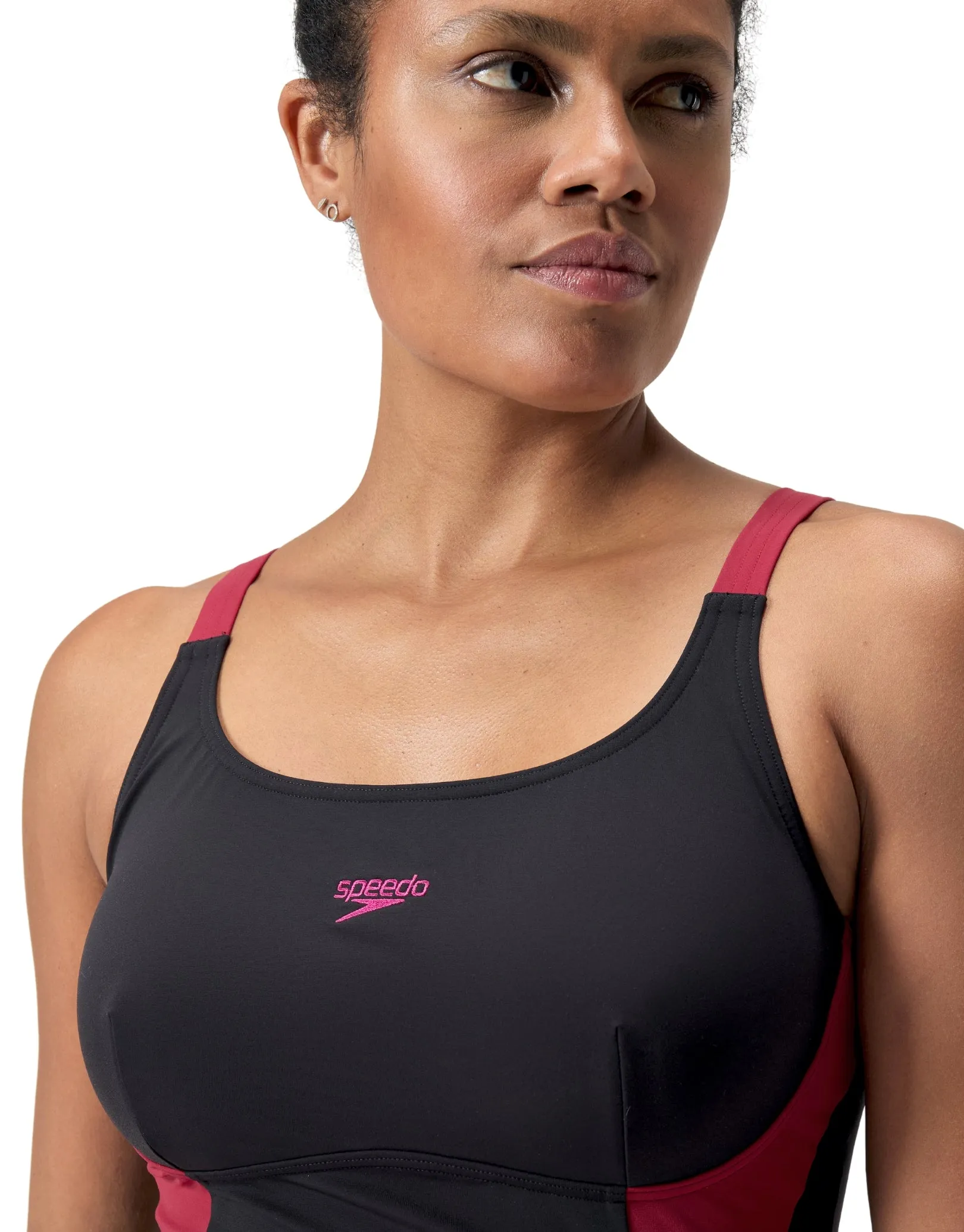 Shaping Solid Splice Swimsuit - Black/Magenta