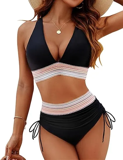 SheCurve?High Waisted Tummy Control Color Block Bikini Sets