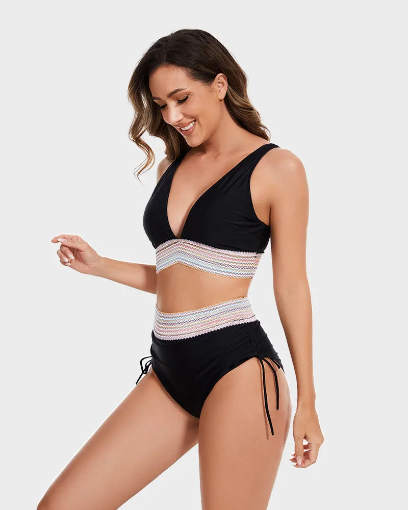 SheCurve?High Waisted Tummy Control Color Block Bikini Sets