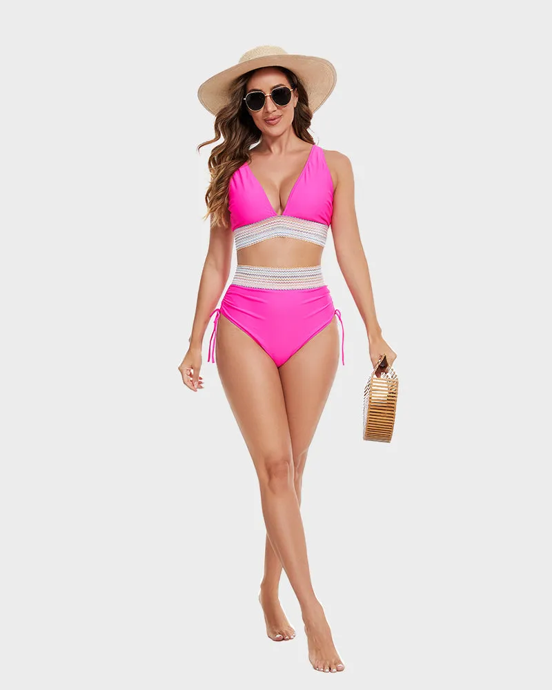 SheCurve?High Waisted Tummy Control Color Block Bikini Sets