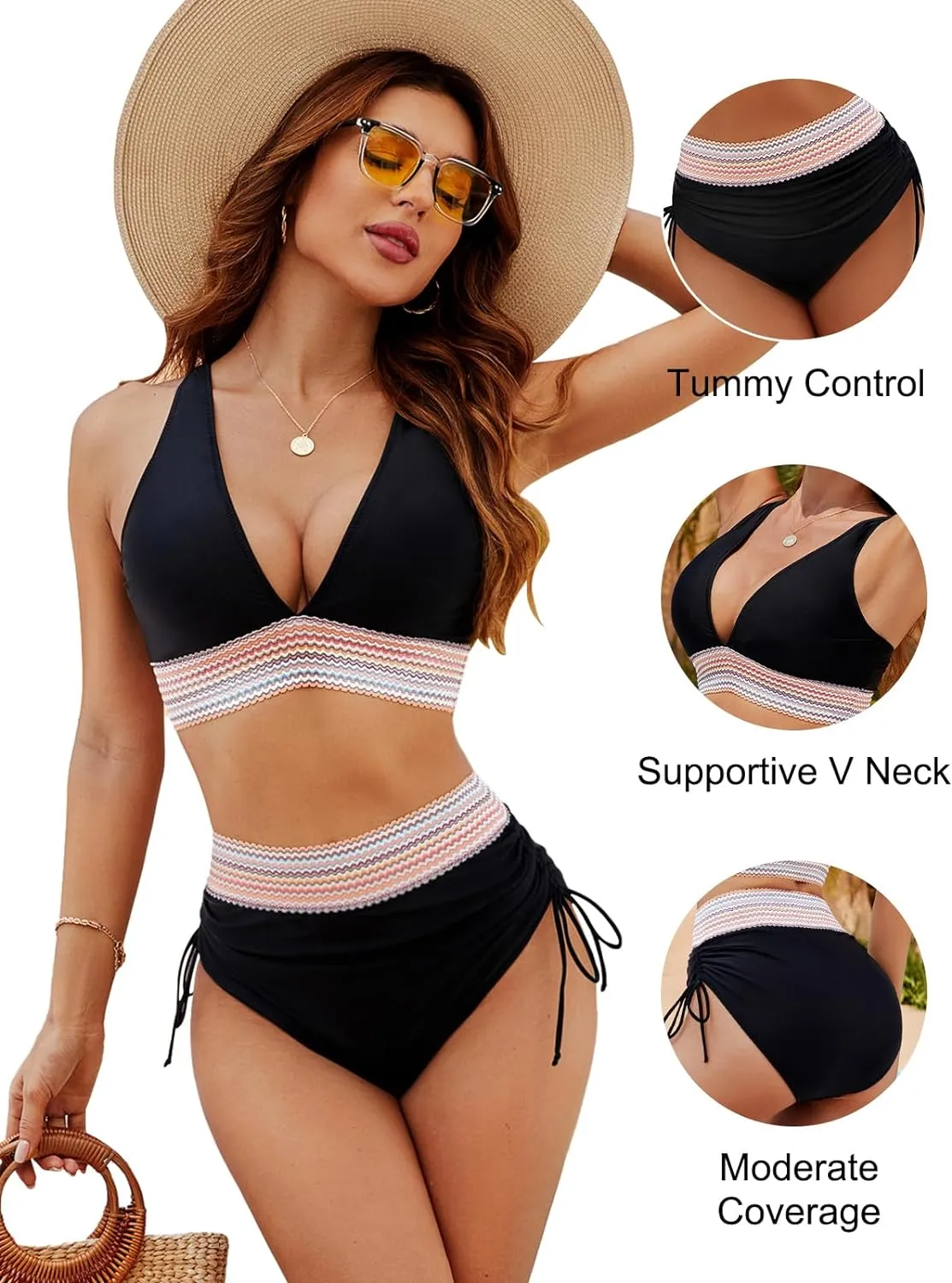 SheCurve?High Waisted Tummy Control Color Block Bikini Sets