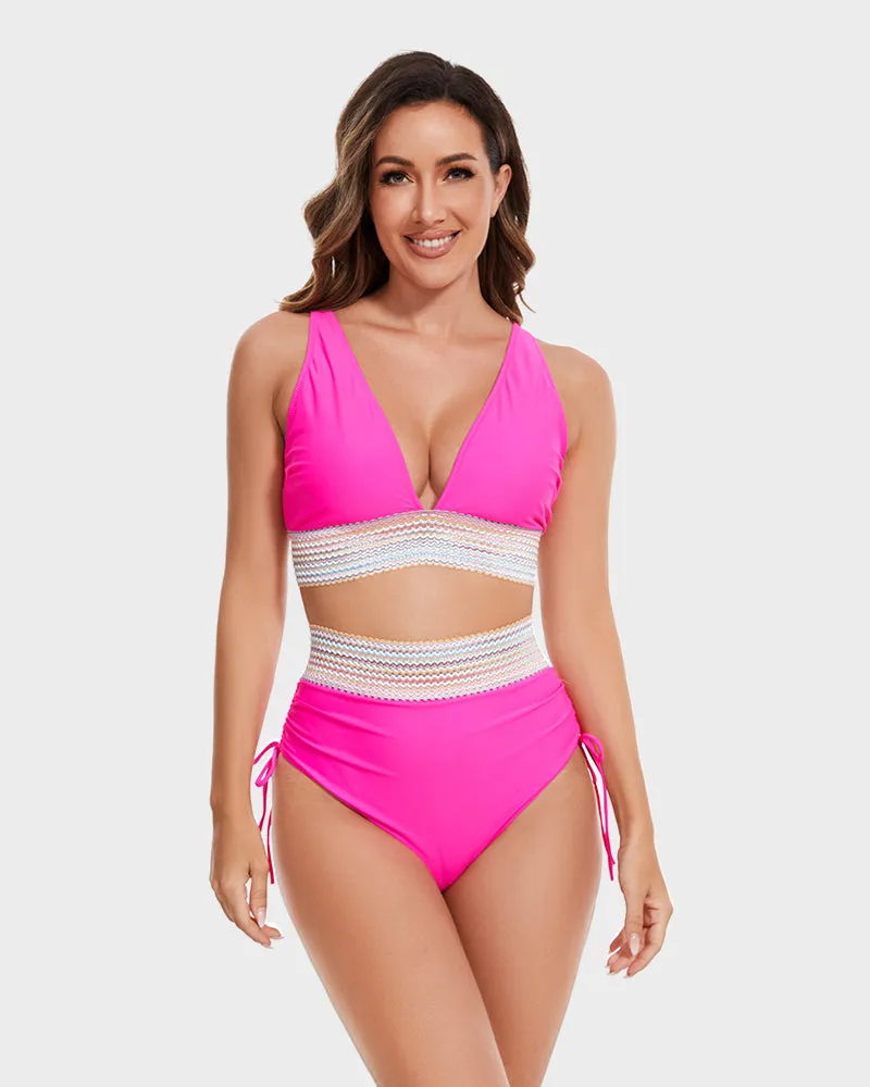 SheCurve?High Waisted Tummy Control Color Block Bikini Sets