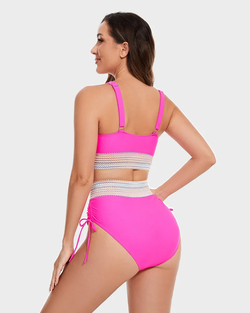 SheCurve?High Waisted Tummy Control Color Block Bikini Sets