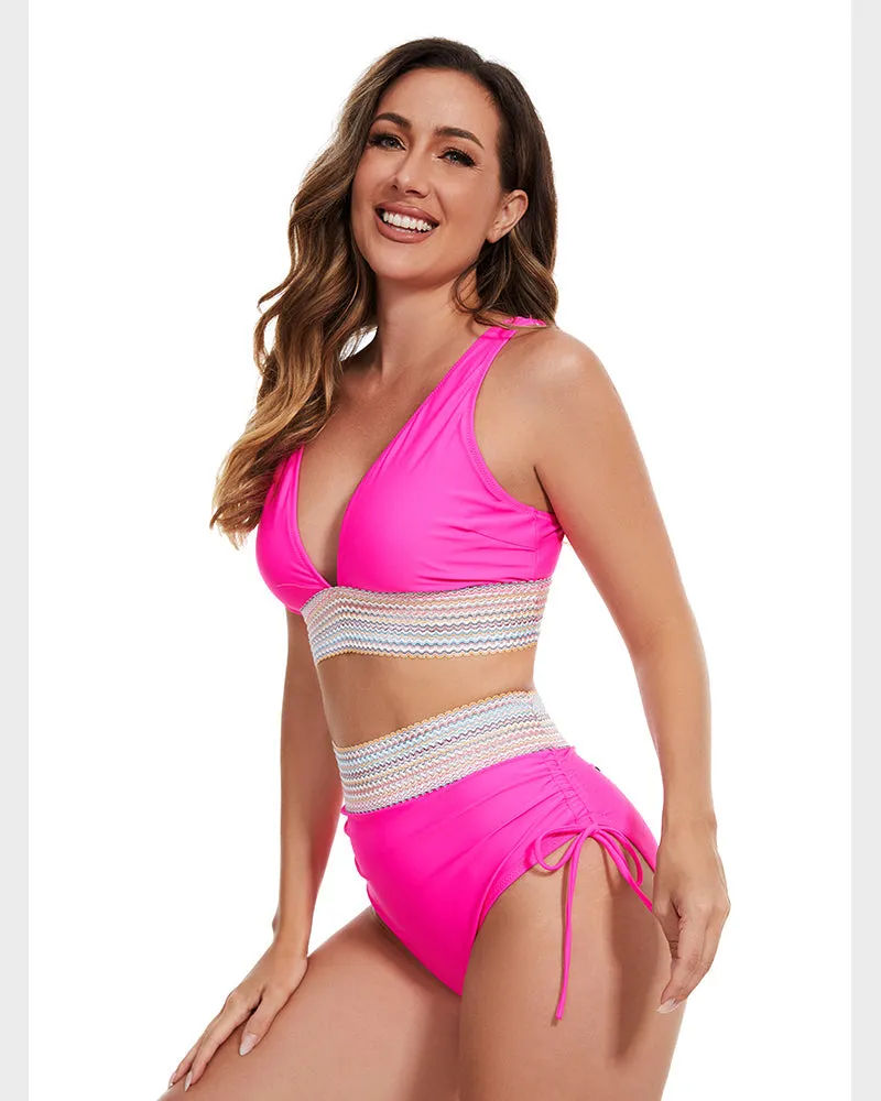 SheCurve?High Waisted Tummy Control Color Block Bikini Sets