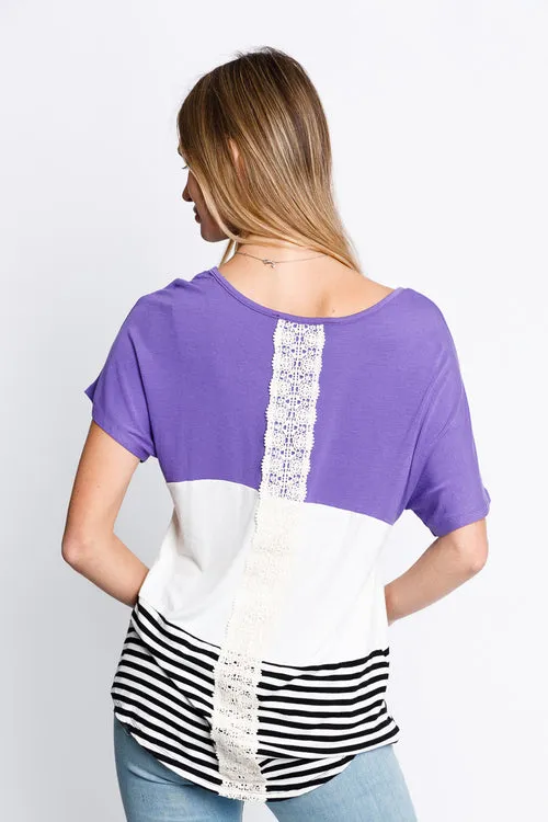 Short Sleeve Color Block Top with Lace Panel at Center Back in Purple (16K509)