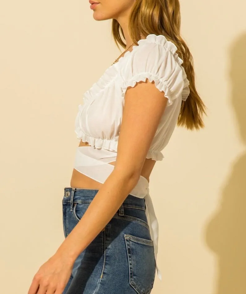 Short Sleeve Lettuce Hem Wrap Crop Top