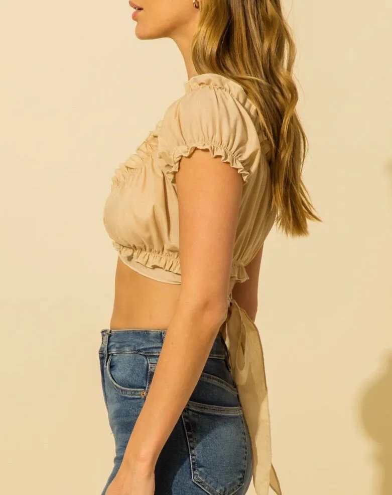 Short Sleeve Lettuce Hem Wrap Crop Top