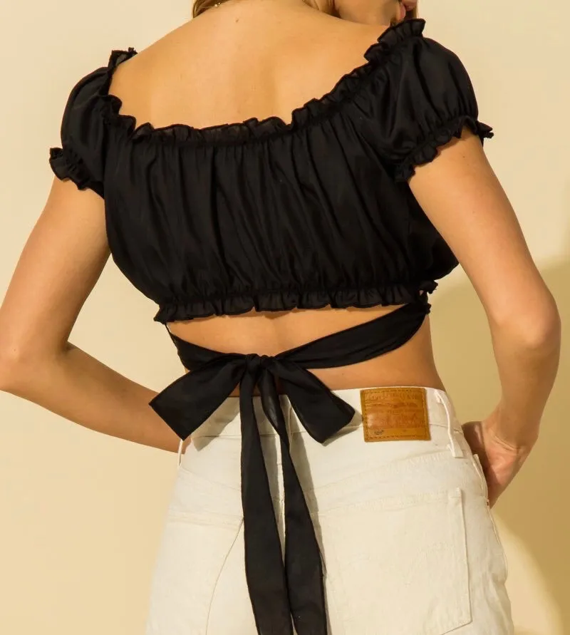 Short Sleeve Lettuce Hem Wrap Crop Top