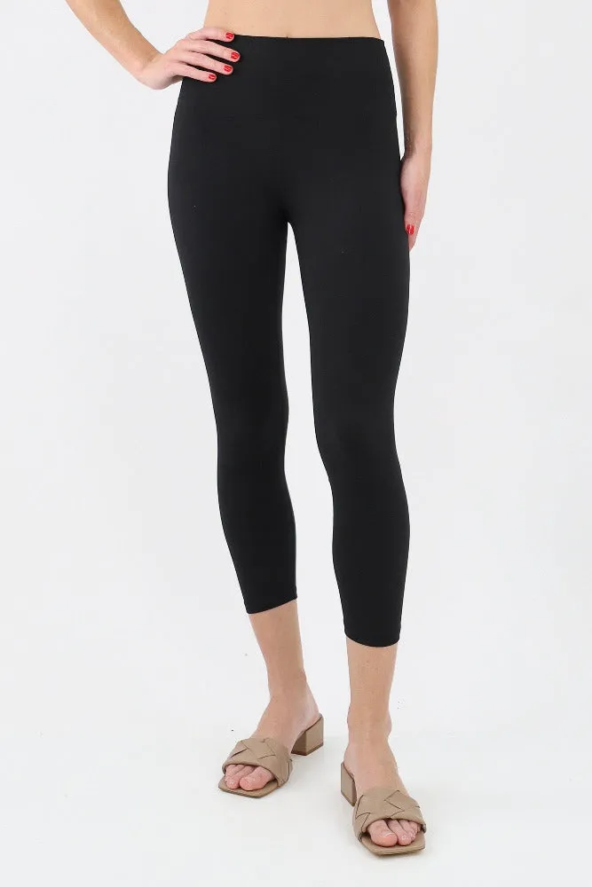 Soft Capri Length Wide Waist Band Yoga Leggings - Black