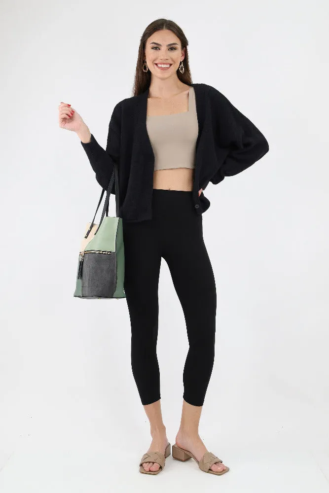 Soft Capri Length Wide Waist Band Yoga Leggings - Black