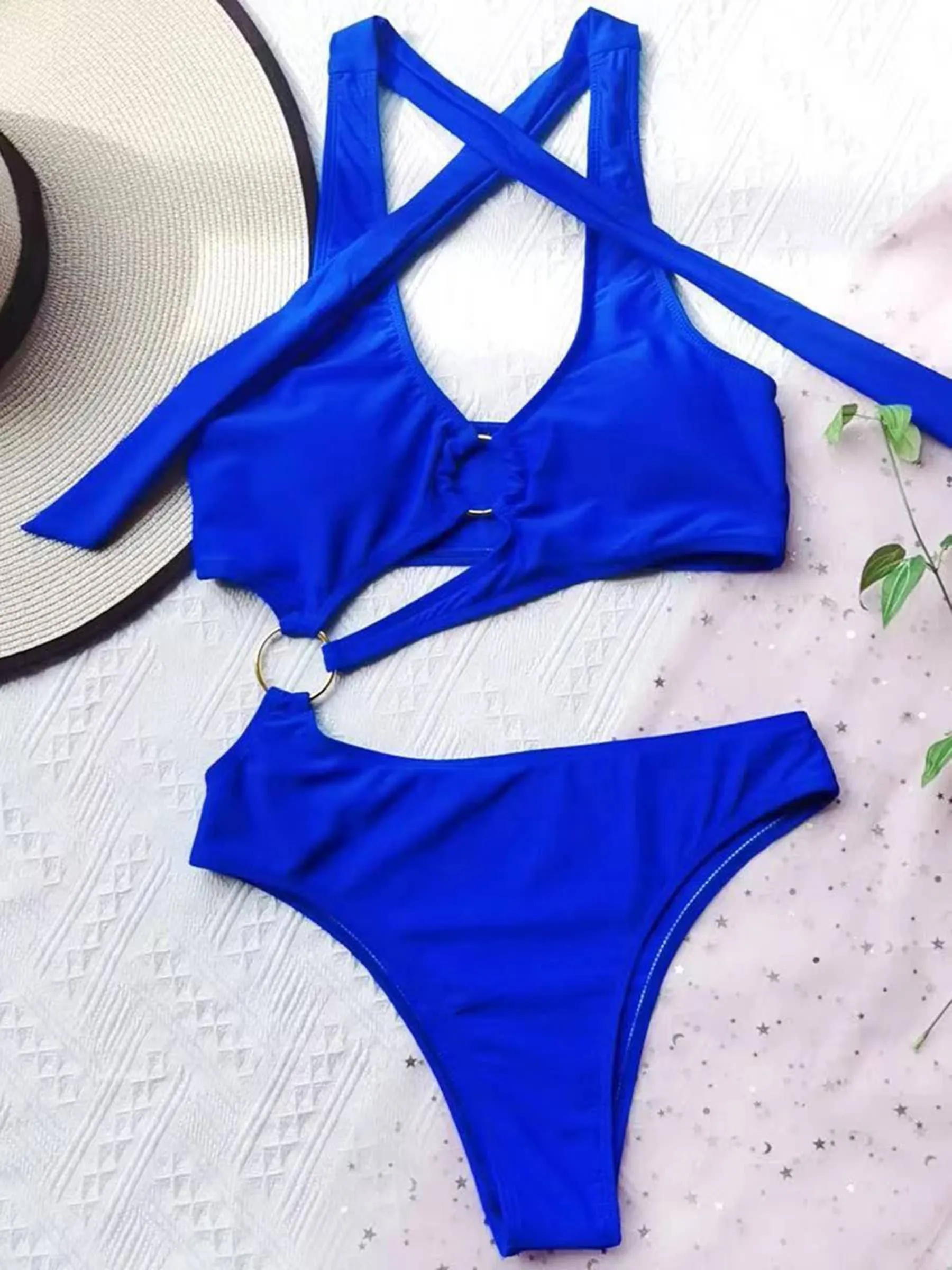 Solid Color Bandage Split Swimsuit