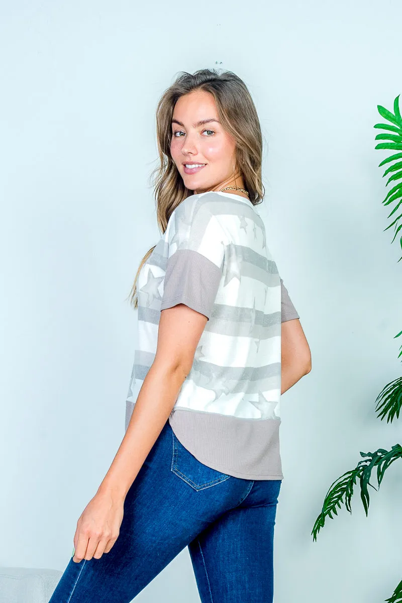 Stars & Stripes Print Drop Shoulder Short Sleeve Striped Waffle Knit Tee with V-Stitch Insert and Dolphin Hem (HT10487)