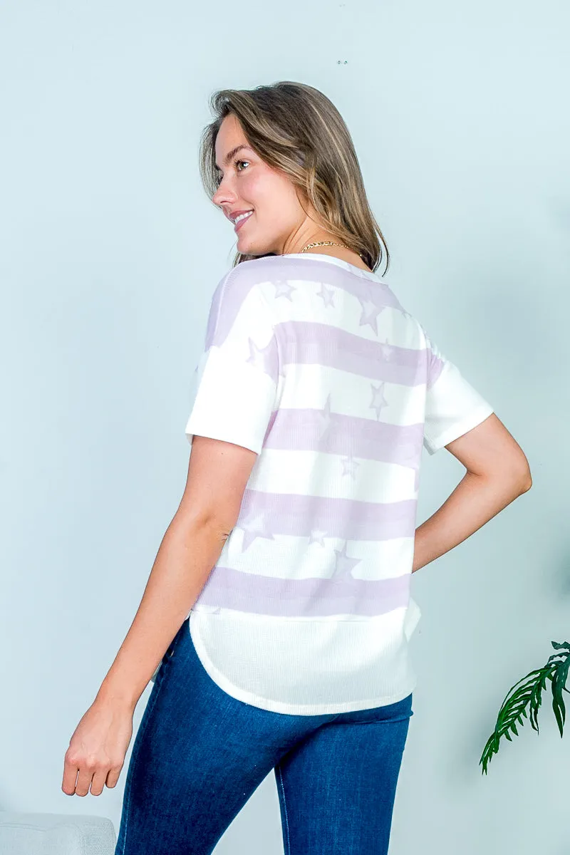 Stars & Stripes Print Drop Shoulder Short Sleeve Striped Waffle Knit Tee with V-Stitch Insert and Dolphin Hem (HT10487)