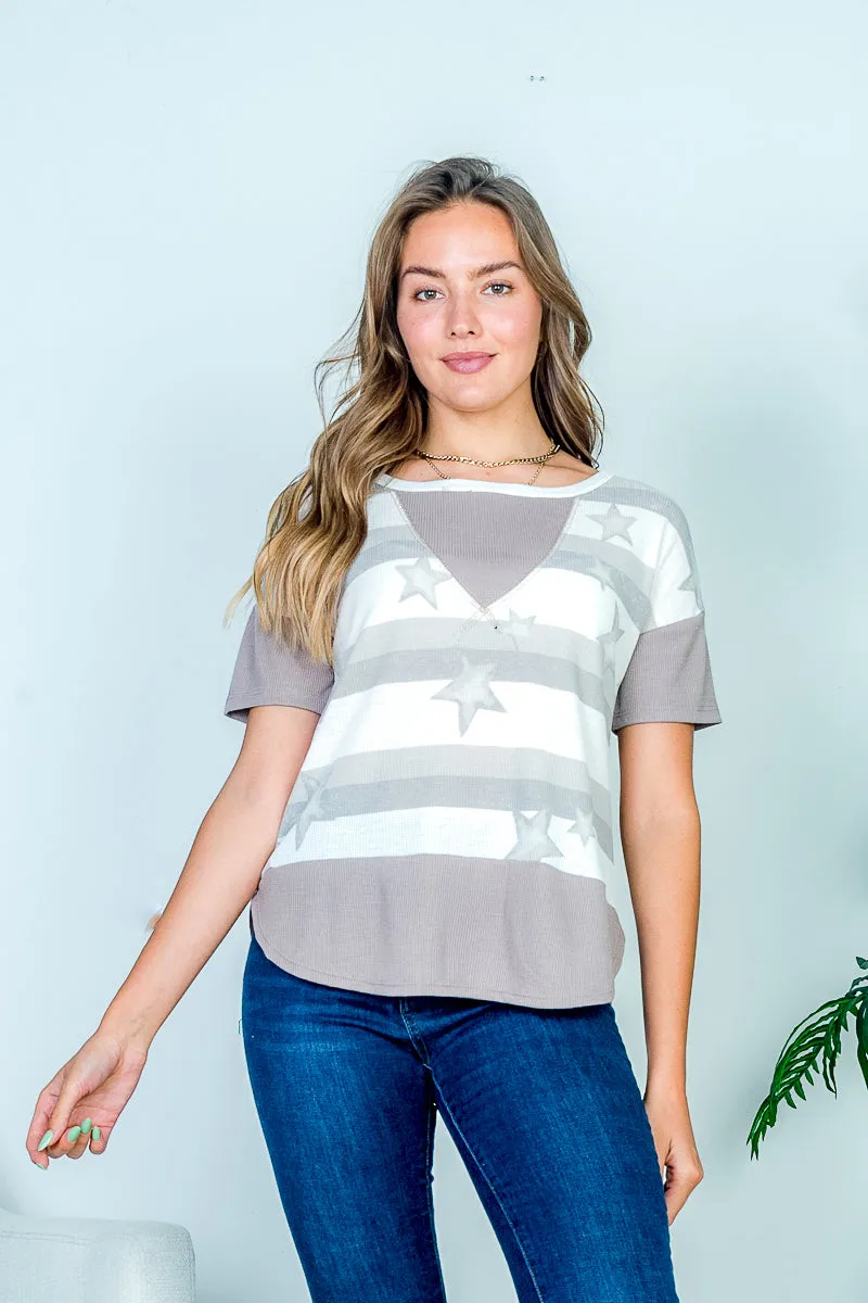 Stars & Stripes Print Drop Shoulder Short Sleeve Striped Waffle Knit Tee with V-Stitch Insert and Dolphin Hem (HT10487)