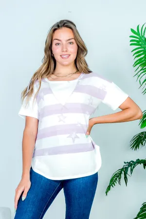 Stars & Stripes Print Drop Shoulder Short Sleeve Striped Waffle Knit Tee with V-Stitch Insert and Dolphin Hem (HT10487)