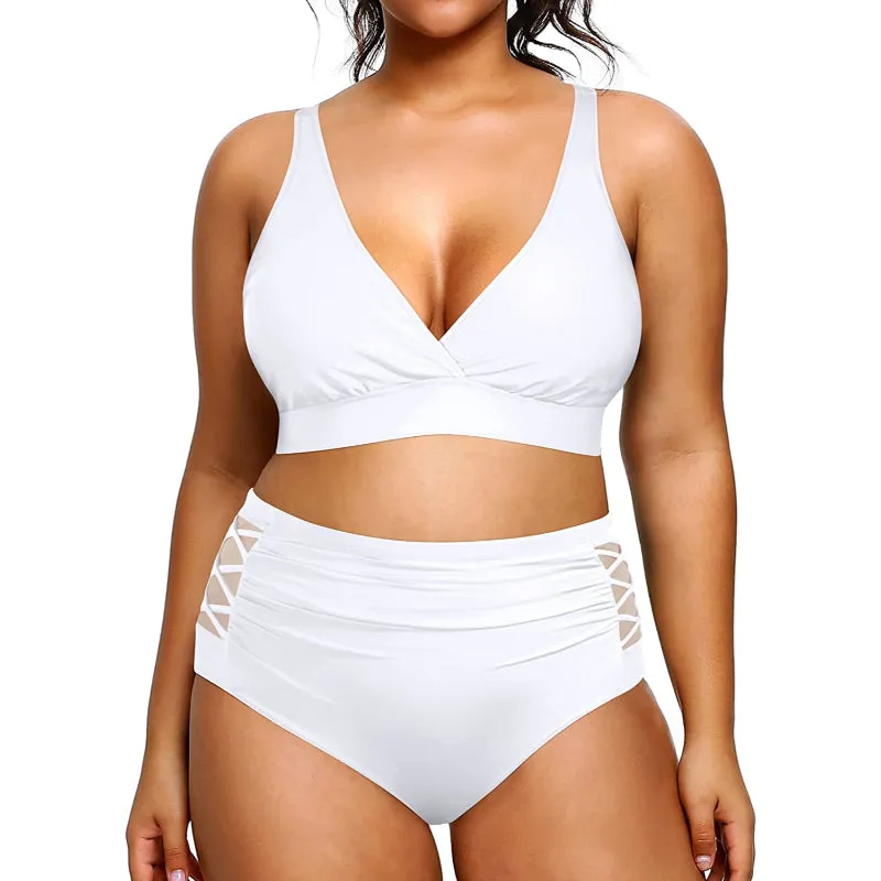 Super Stylish High Waisted V-Neck Elastic Closure Bikini For Females