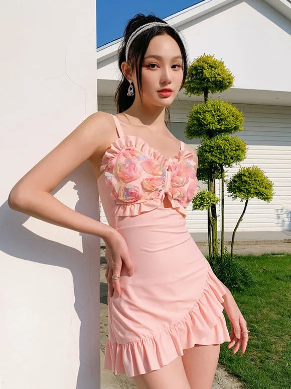 Sweet Lolita Swimsuits Light Sky Blue Ruffles Flowers Sleeveless Jumpsuit