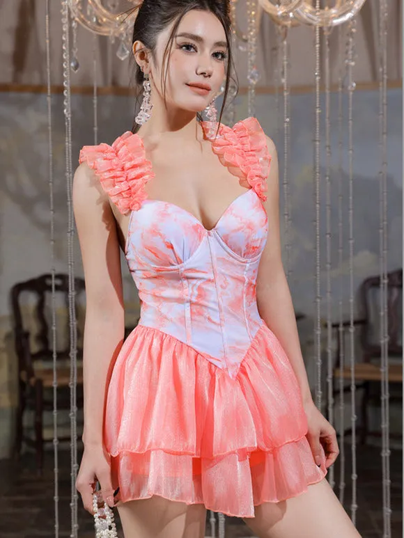 Sweet Lolita Swimsuits Pink Tiered Ruffles Floral Print Sleeveless Jumpsuit