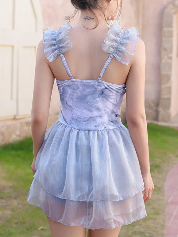 Sweet Lolita Swimsuits Pink Tiered Ruffles Floral Print Sleeveless Jumpsuit