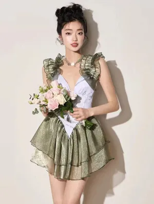 Sweet Lolita Swimsuits Pink Tiered Ruffles Floral Print Sleeveless Jumpsuit