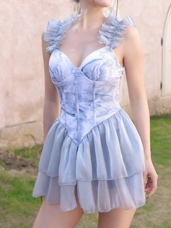 Sweet Lolita Swimsuits Pink Tiered Ruffles Floral Print Sleeveless Jumpsuit