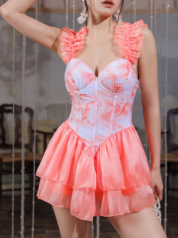 Sweet Lolita Swimsuits Pink Tiered Ruffles Floral Print Sleeveless Jumpsuit