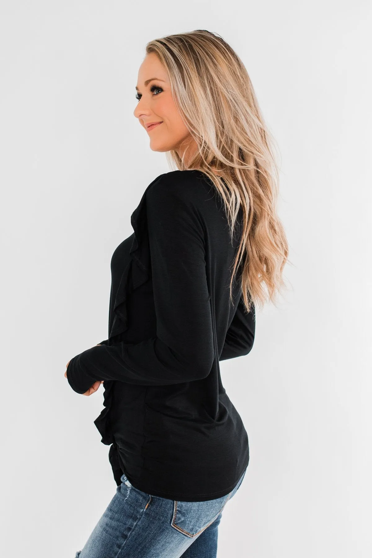 Taking My Time Long Sleeve Ruffle Top- Black