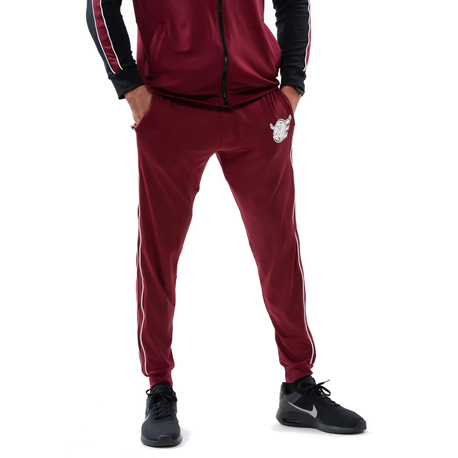Tracksuit Set-Hooded Slim Jackets & Joggers w / Zippered Pockets - Burgundy
