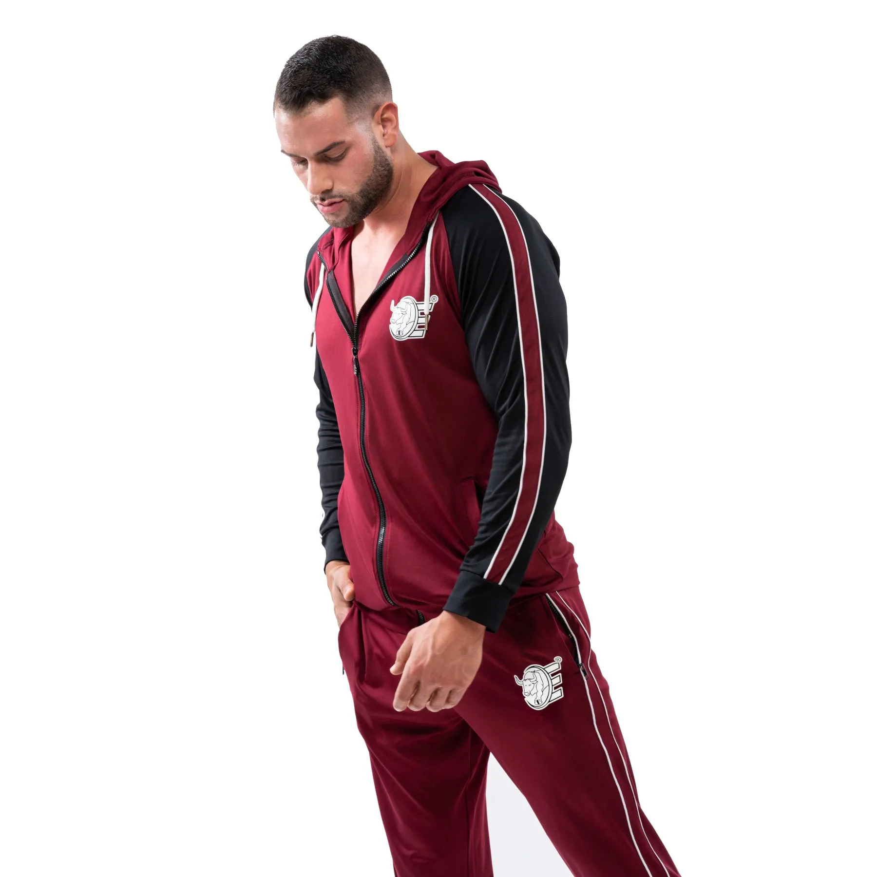 Tracksuit Set-Hooded Slim Jackets & Joggers w / Zippered Pockets - Burgundy