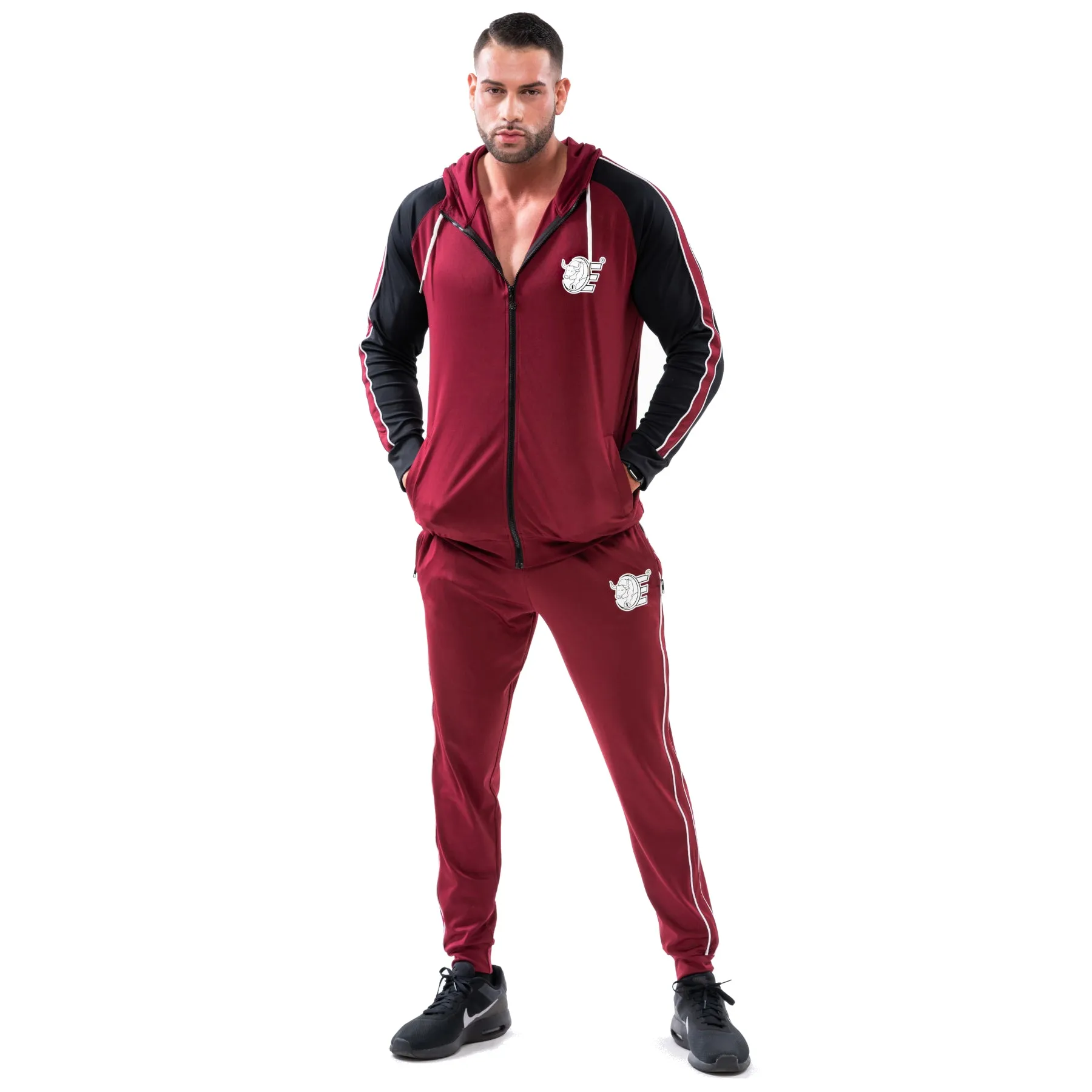 Tracksuit Set-Hooded Slim Jackets & Joggers w / Zippered Pockets - Burgundy