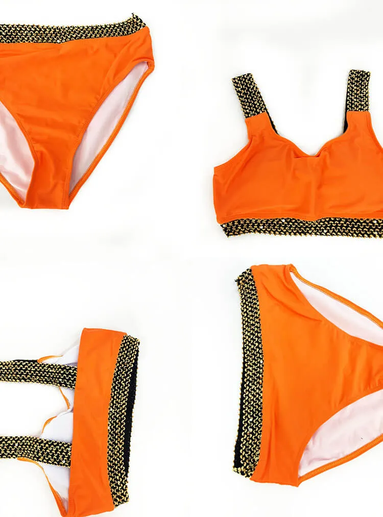 Two Piece Sleeveless Striped Patchwork Swimsuit