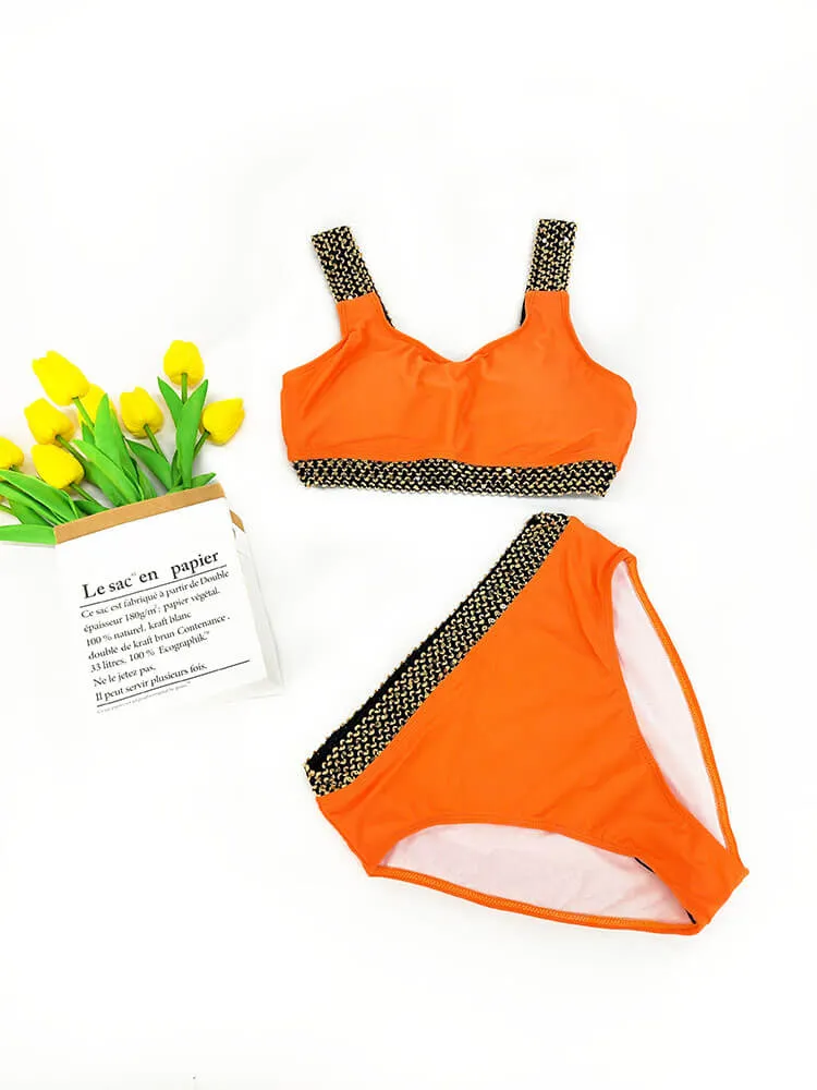 Two Piece Sleeveless Striped Patchwork Swimsuit