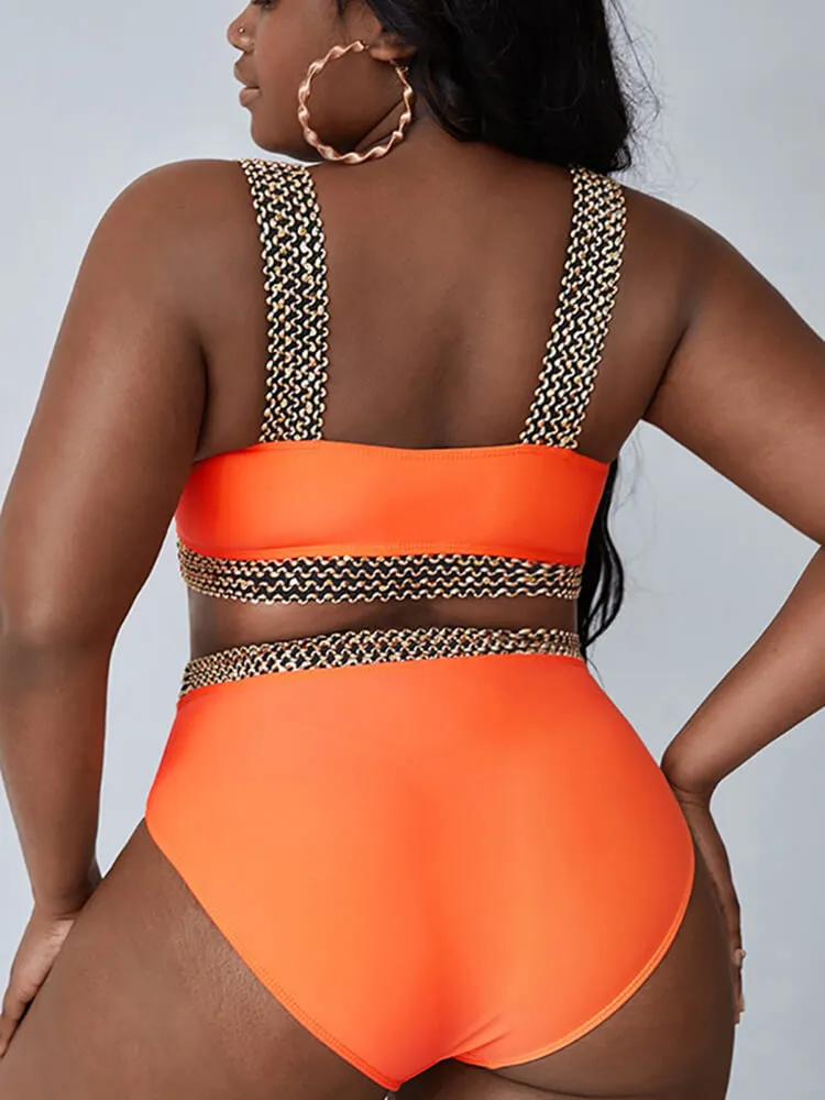 Two Piece Sleeveless Striped Patchwork Swimsuit