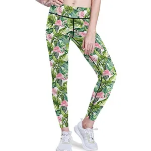 visesunny High Waist Yoga Pants with Pockets Flamingo Tummy Control Workout Running Yoga Leggings for Women