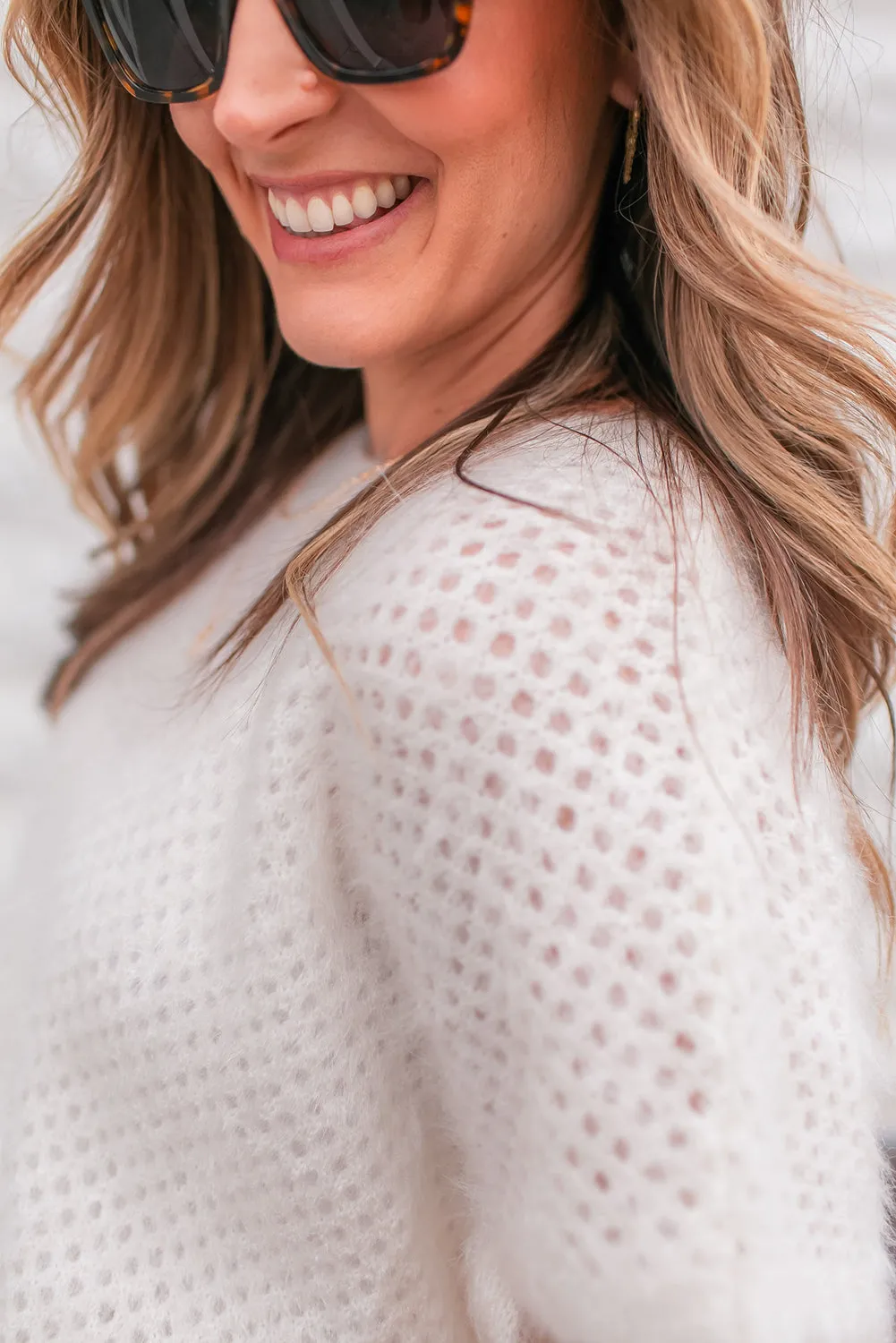 White Plush Eyelet Knitted Short Sleeve Top